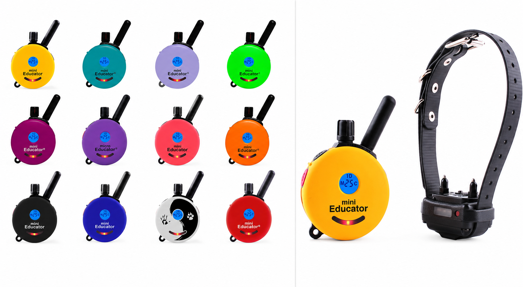 Colorful mini electronic skill timers shaped like circles with an antenna and digital display, and a black adjustable headband with a measurement sensor.