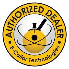 Logo of Authorized Dealer E. Collar Technologies, featuring a yellow circle with black text and a graphic of a vibrating tool or oscillator in the center.
