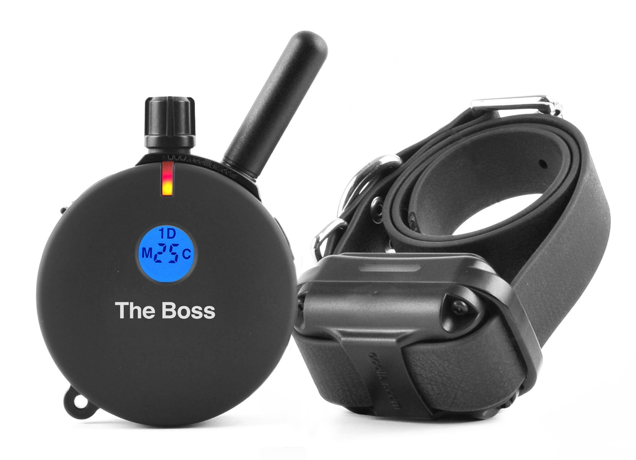 A black digital hearing aid with a round body displaying a blue screen showing numbers and letters, a small black antenna, and a black wrist strap attached to a silver device with a coiled cable and a black adjustable band.