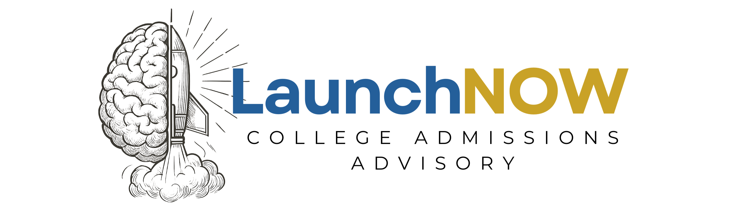 Logo for LaunchNow College Admissions Advisory featuring a human brain with a rocket launching from it.