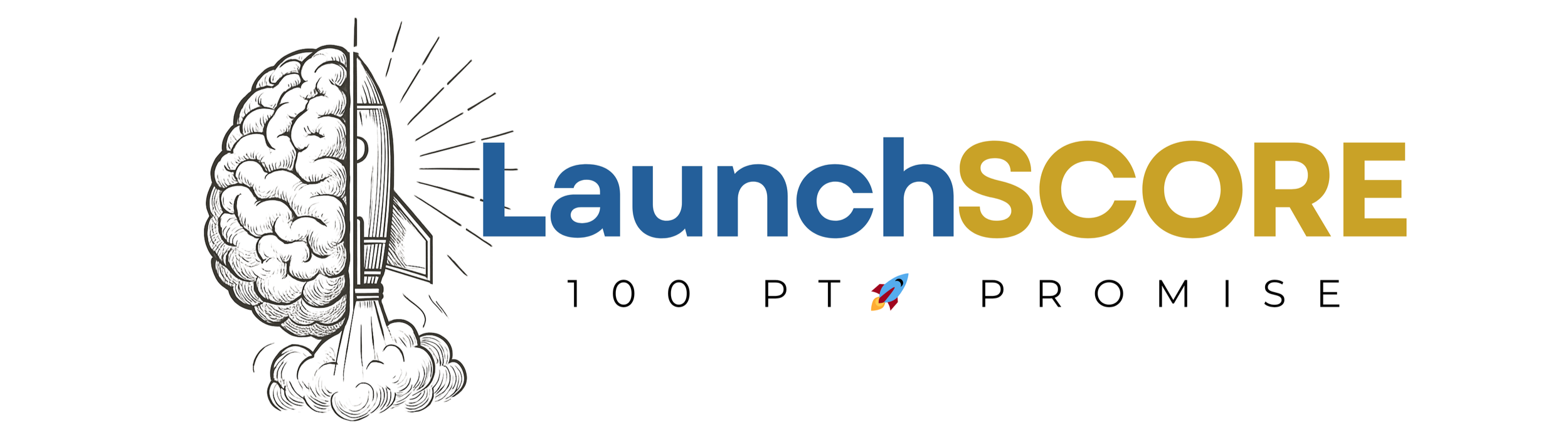 Logo for LaunchScore with a brain on the left and a rocket icon in the middle, featuring the text 'LaunchScore' in blue and gold, and the tagline '100 PT PROMISE' below.