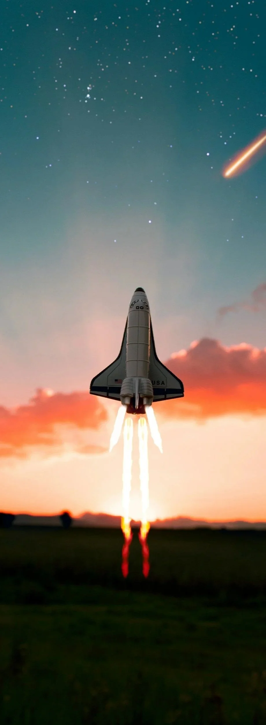 A space shuttle launches into the sky with flames and smoke coming out of its engines. The background features a colorful sunset with clouds, stars, and a meteor streaking across the sky.