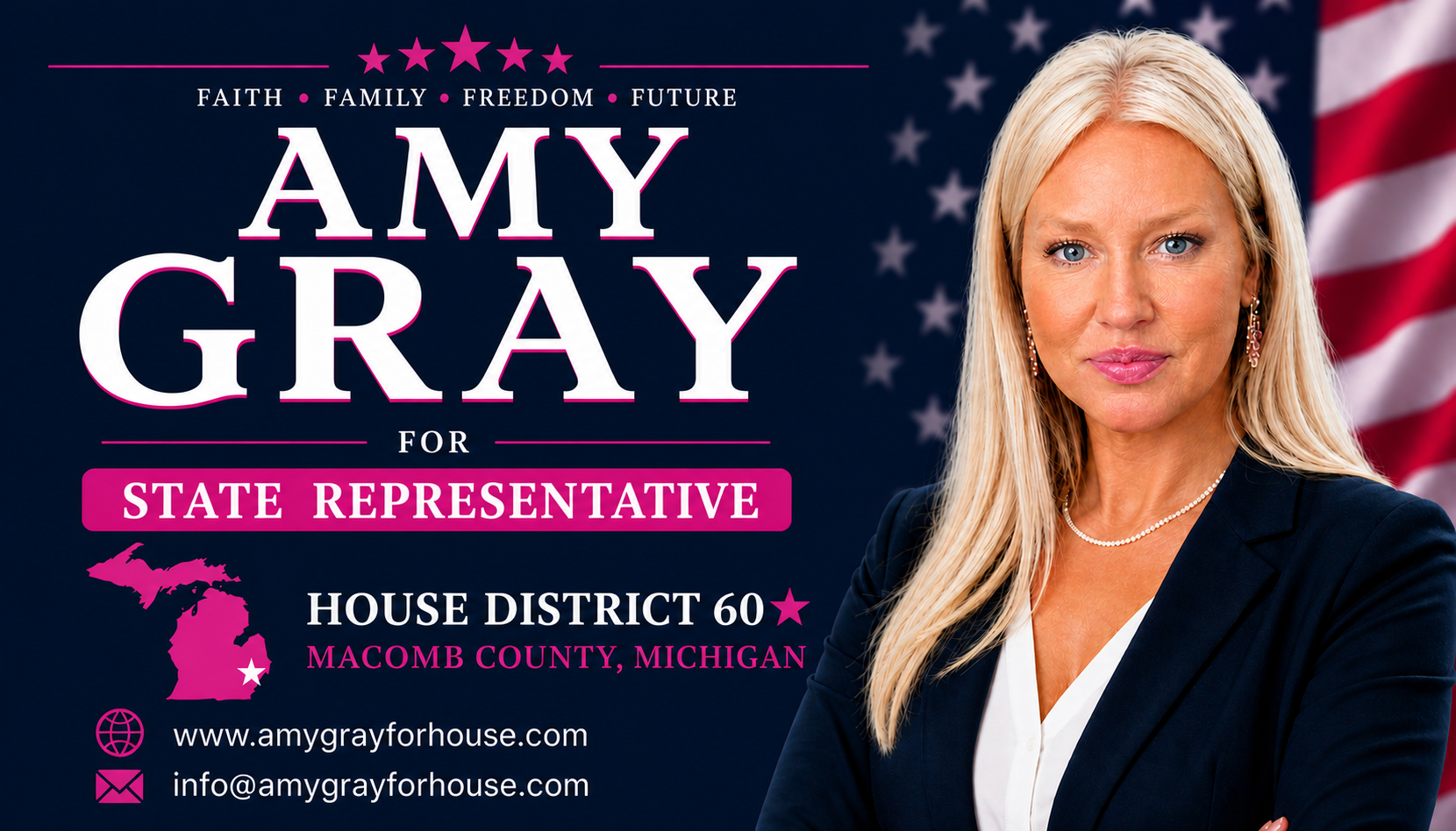 Campaign poster for Amy Gray, running for state representative in House District 60, Macomb County, Michigan, featuring her portrait, American flag in the background, and campaign details.
