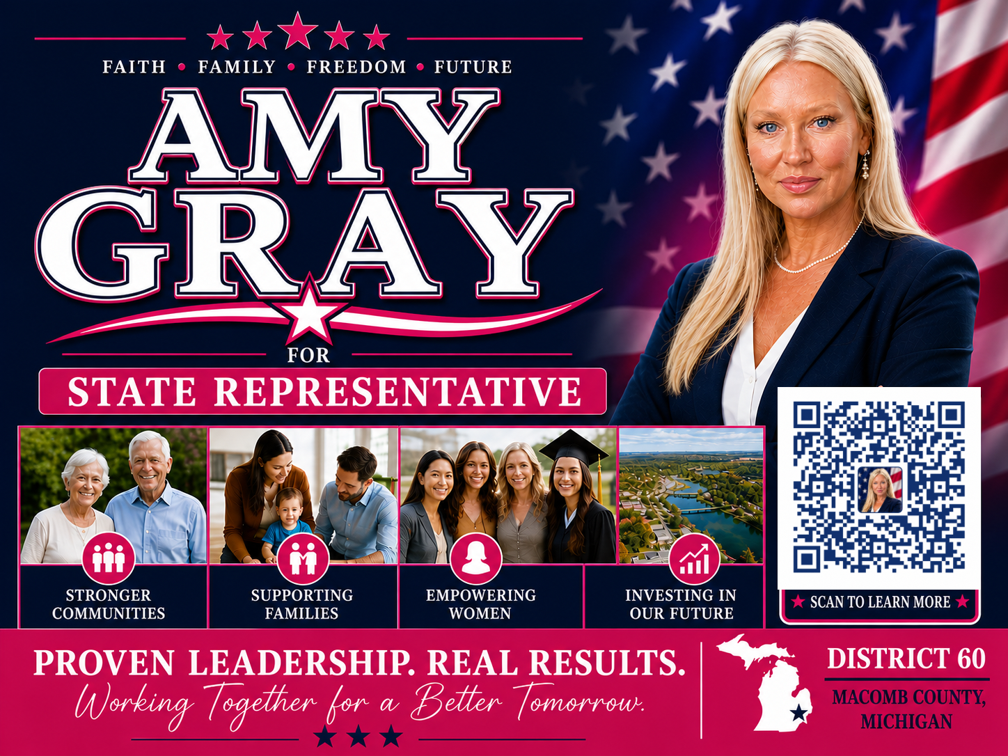 A political campaign poster featuring Amy Gray for State Representative in District 60, Macomb County, Michigan. The poster displays her portrait, patriotic background, and icons representing community strength, family support, women empowerment, and future investment, with a QR code to learn more.