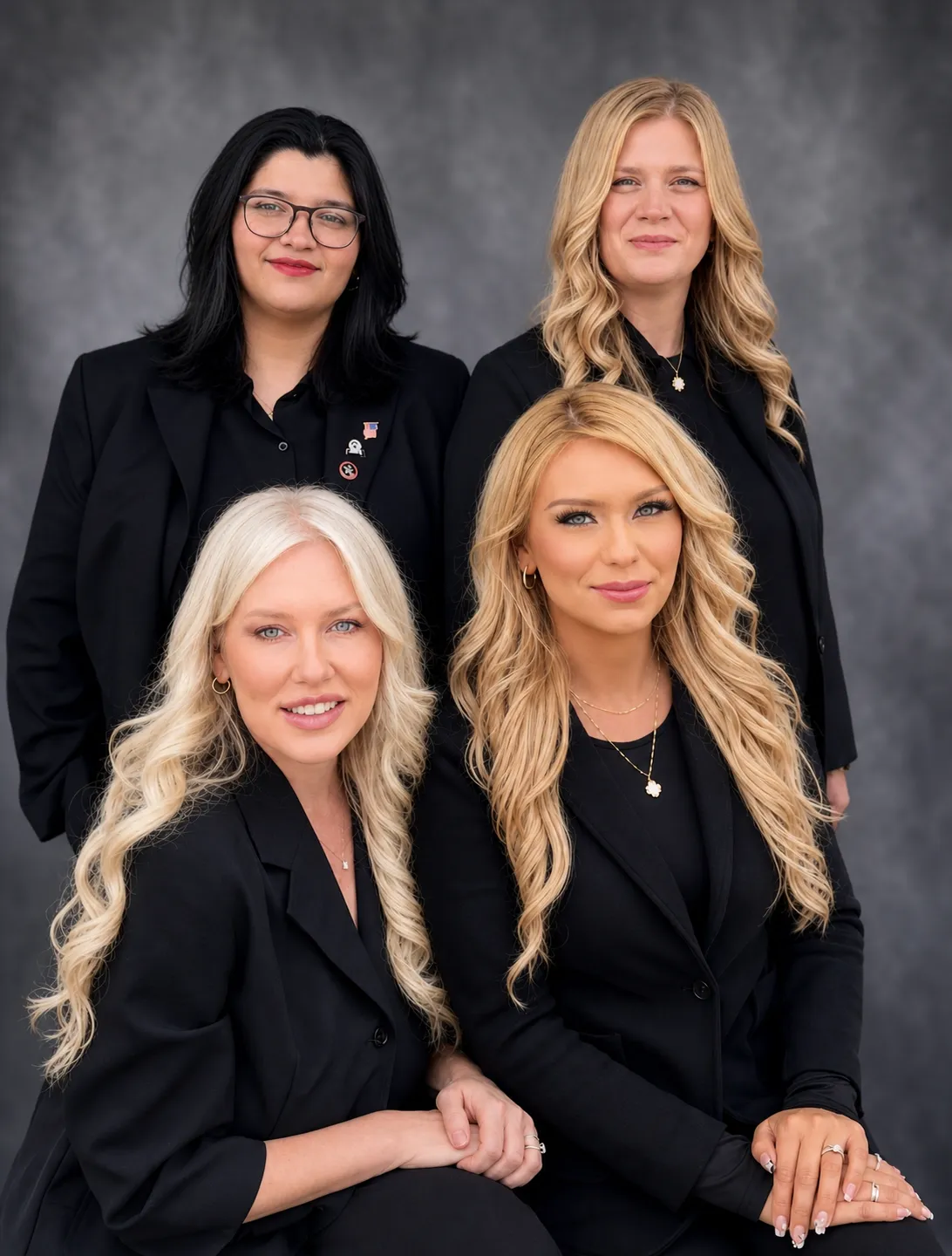 Four women dressed in black suits posing against a gray background, with two women seated in front and two women standing behind them.