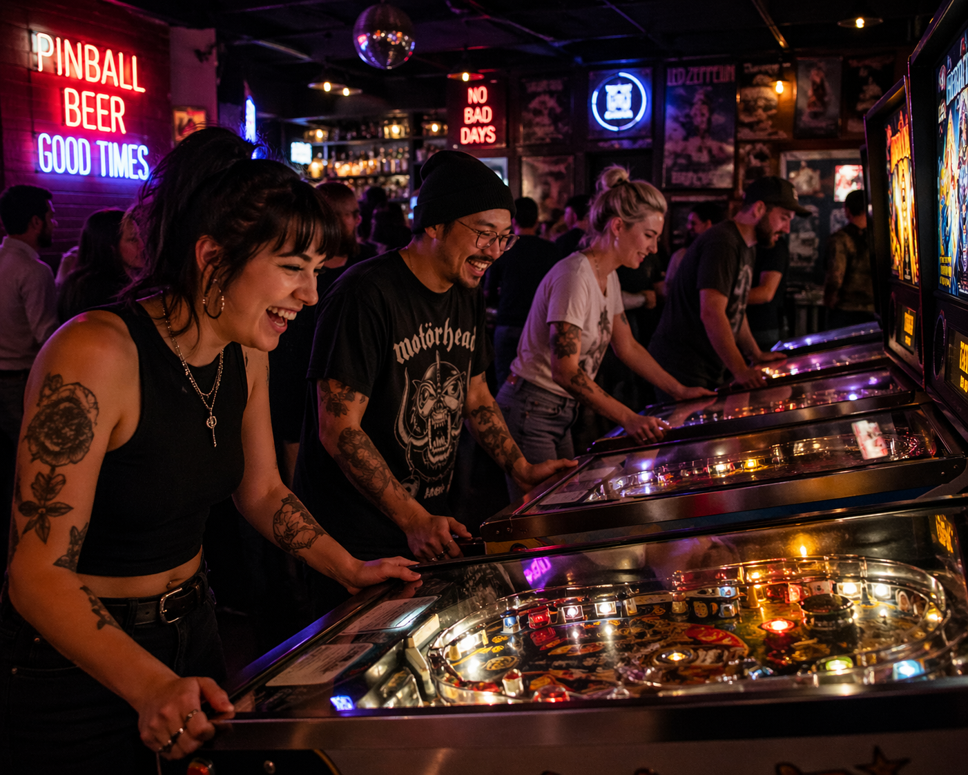 People having fun playing pinball