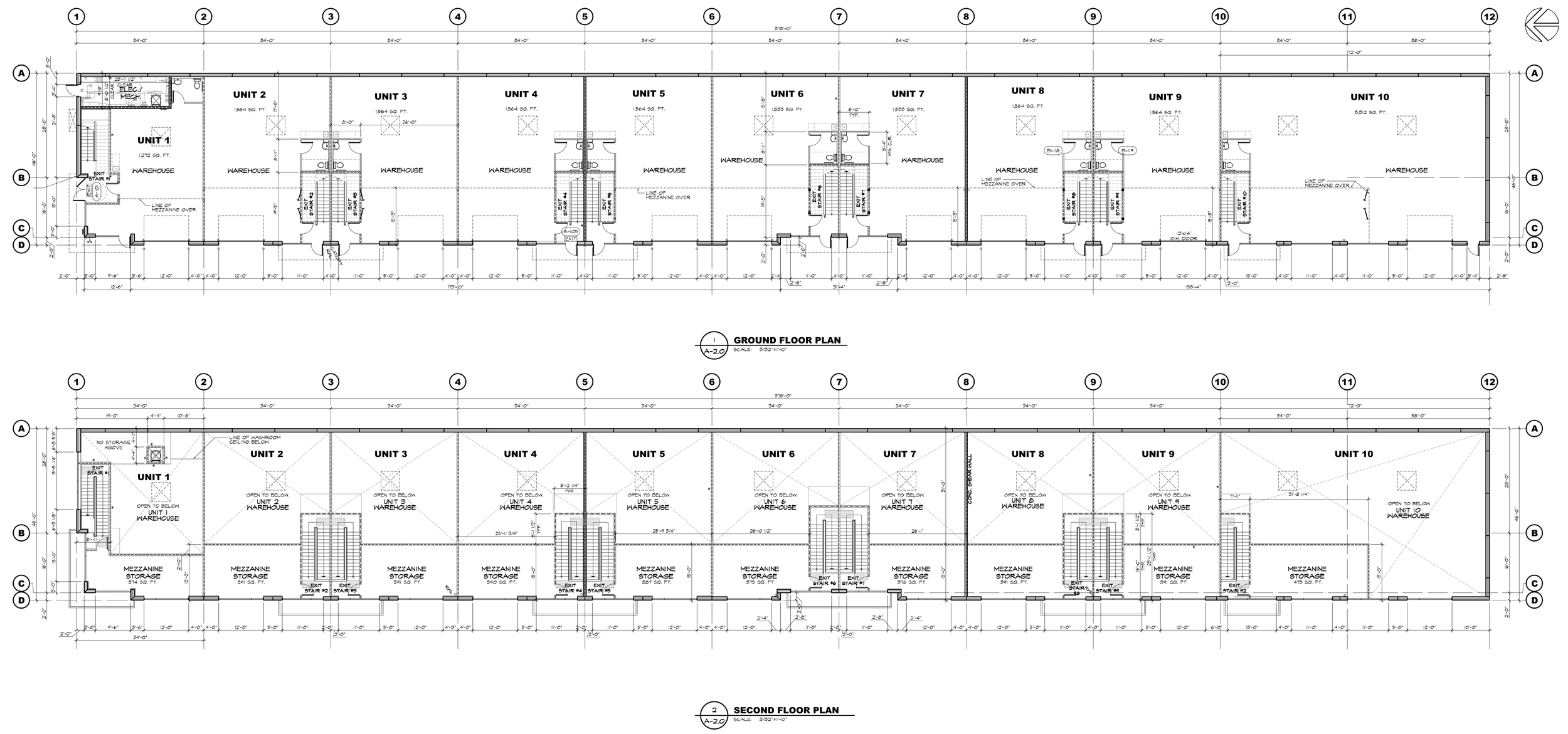 Architectural blueprint of a warehouse building, showing ground and second floor plans with labeled units, staircases, storage areas, and dimensions.