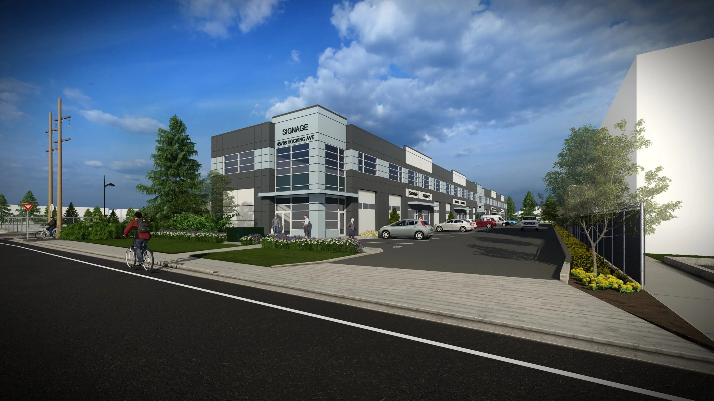 A close-up rendering of the new warehouses currently being built on Hocking Avenue in Chilliwack, British Columbia.