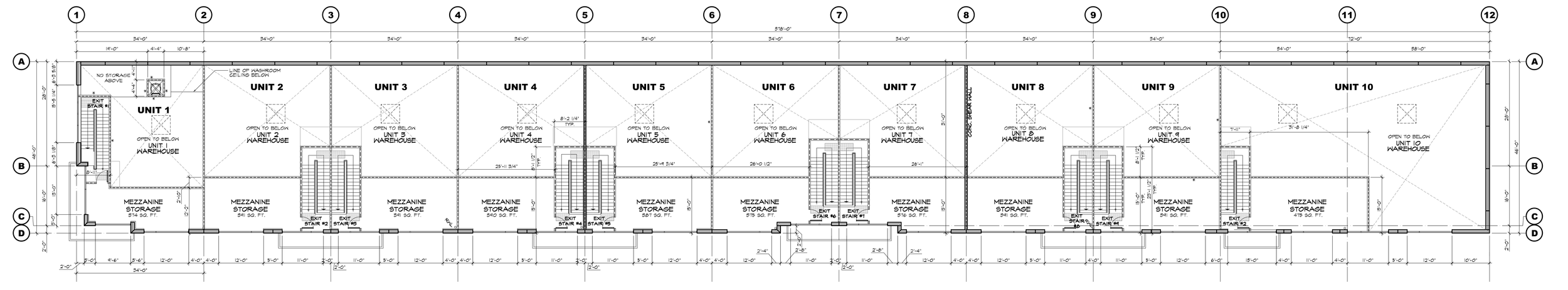 Floor plan layout of a warehouse or storage units, numbered 1 to 10, with staircases, mezzanine storage areas, and various measurements.