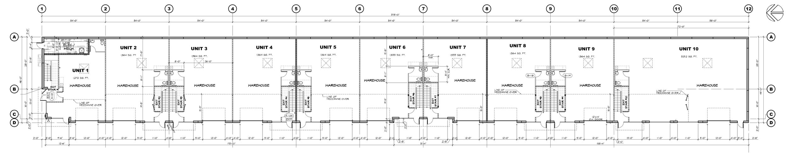 Architectural floor plan of a warehouse with 10 units, showing dimensions, staircases, and designated storage areas.