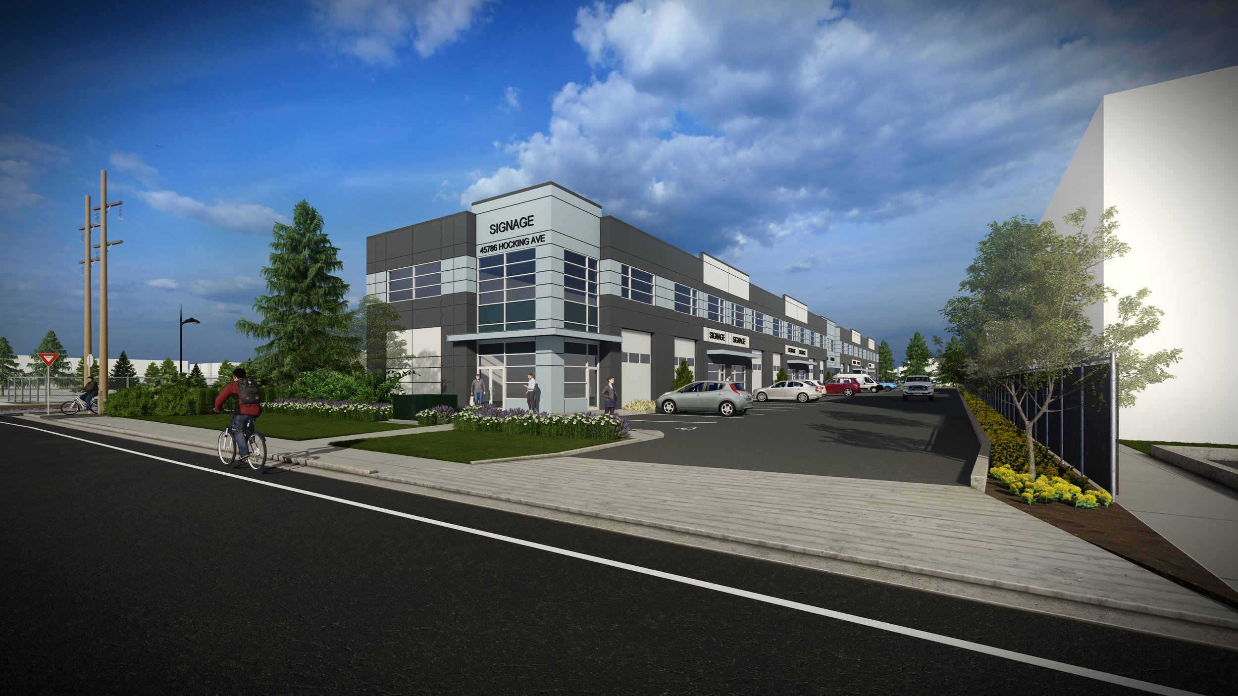 A modern commercial building with signage that reads 'SIGNAGE' and an address 45786 Hocking Ave. The building has large windows and is surrounded by a parking lot with several parked cars. There are people walking outside, a person riding a bike, and landscaped greenery with trees and flowers. The sky is partly cloudy with blue and white clouds.