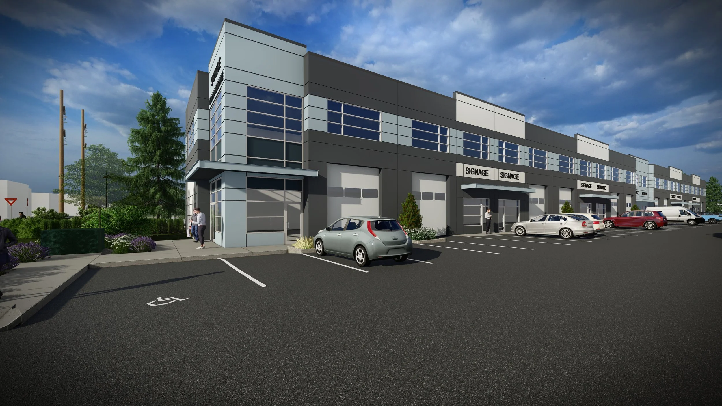 A modern commercial building with multiple storefronts and parking lots, some cars parked and people walking outside on a cloudy day.
