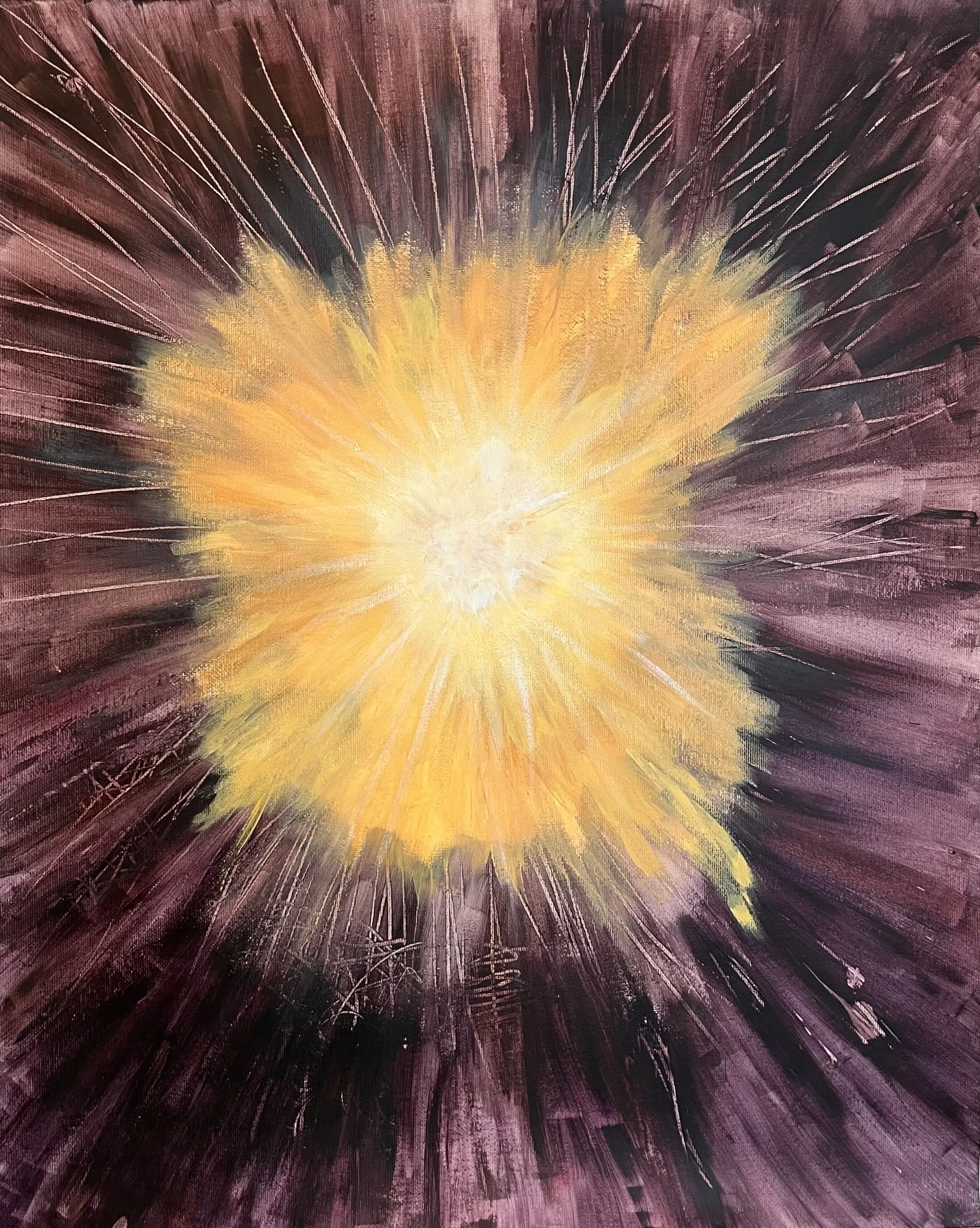 Light radiating from the darkness, previously sucked into the dark hole, clawing to escape, then emerging glowing outward, Melissa Träumerin Traumerin Seattle based artist Acrylic