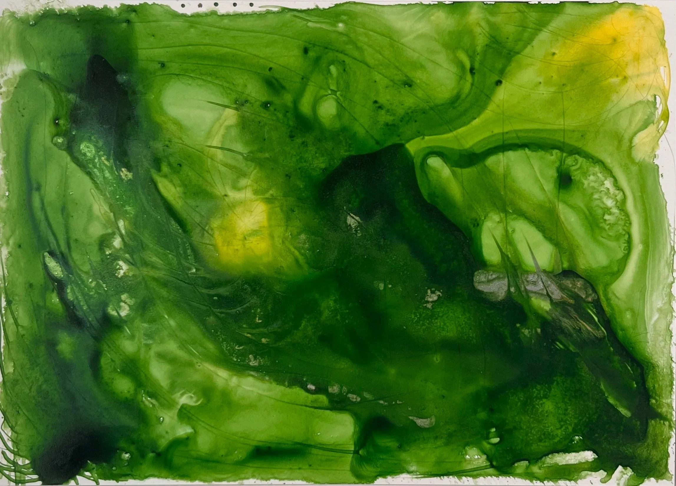 Green, yellow, leaf designs with razor on drying ink abstract acrylic ink painting Seattle artist Melissa Traumerin Träumerin