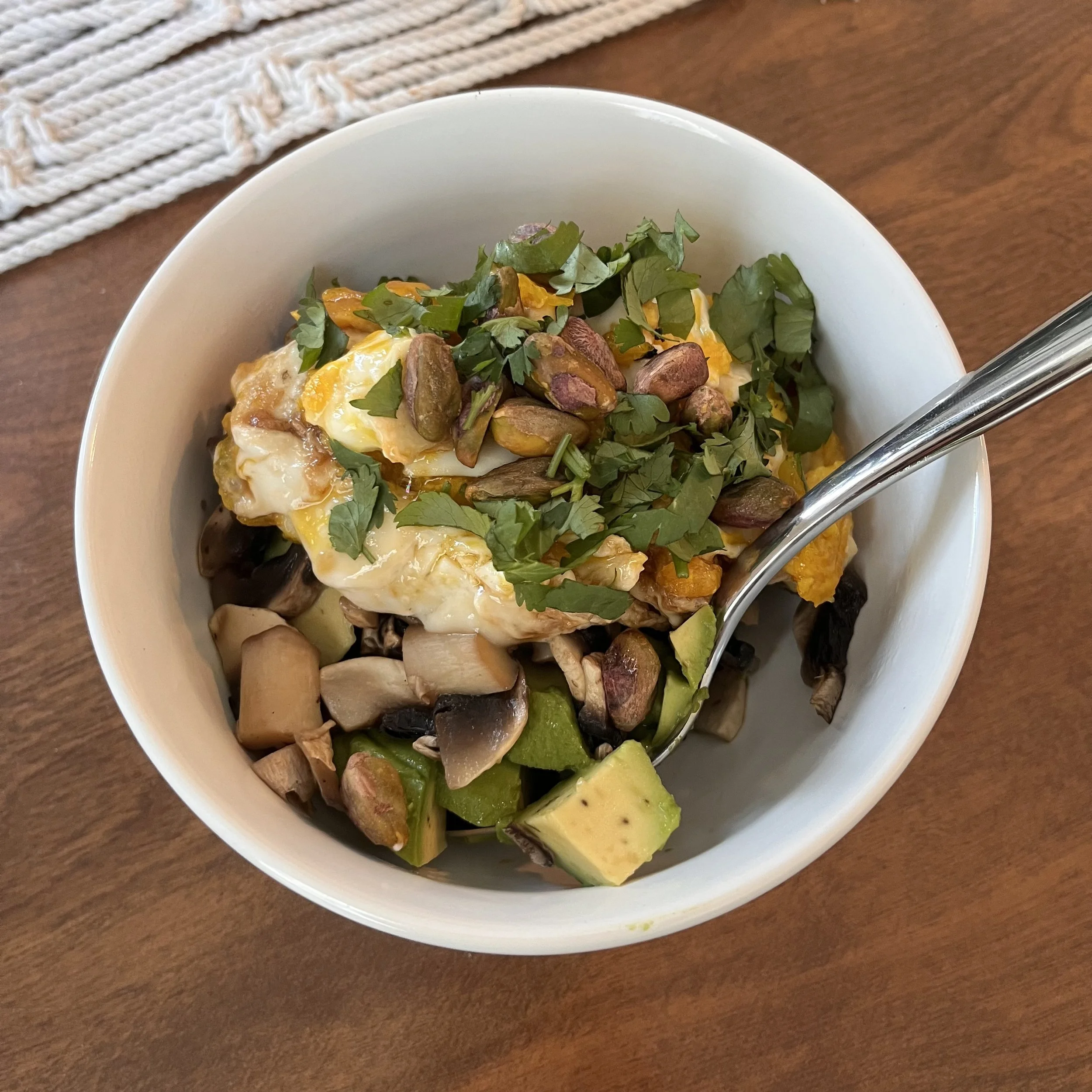 Avocado Egg Japanese BBQ Cilantro Pistachio Mushrooms