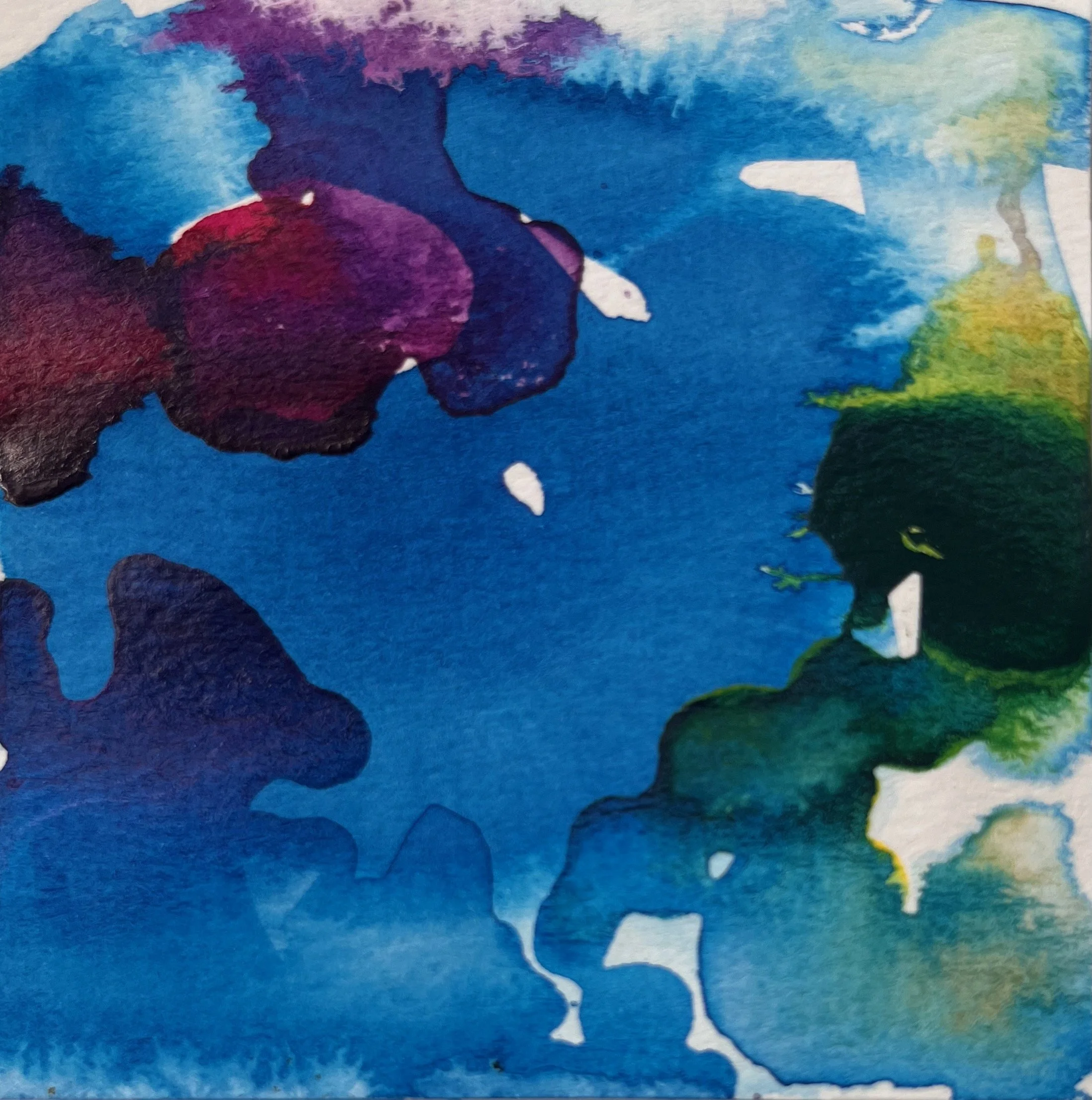 Blue, magenta, greyed purple, yellow abstract acrylic ink painting Seattle artist Melissa Traumerin Träumerin