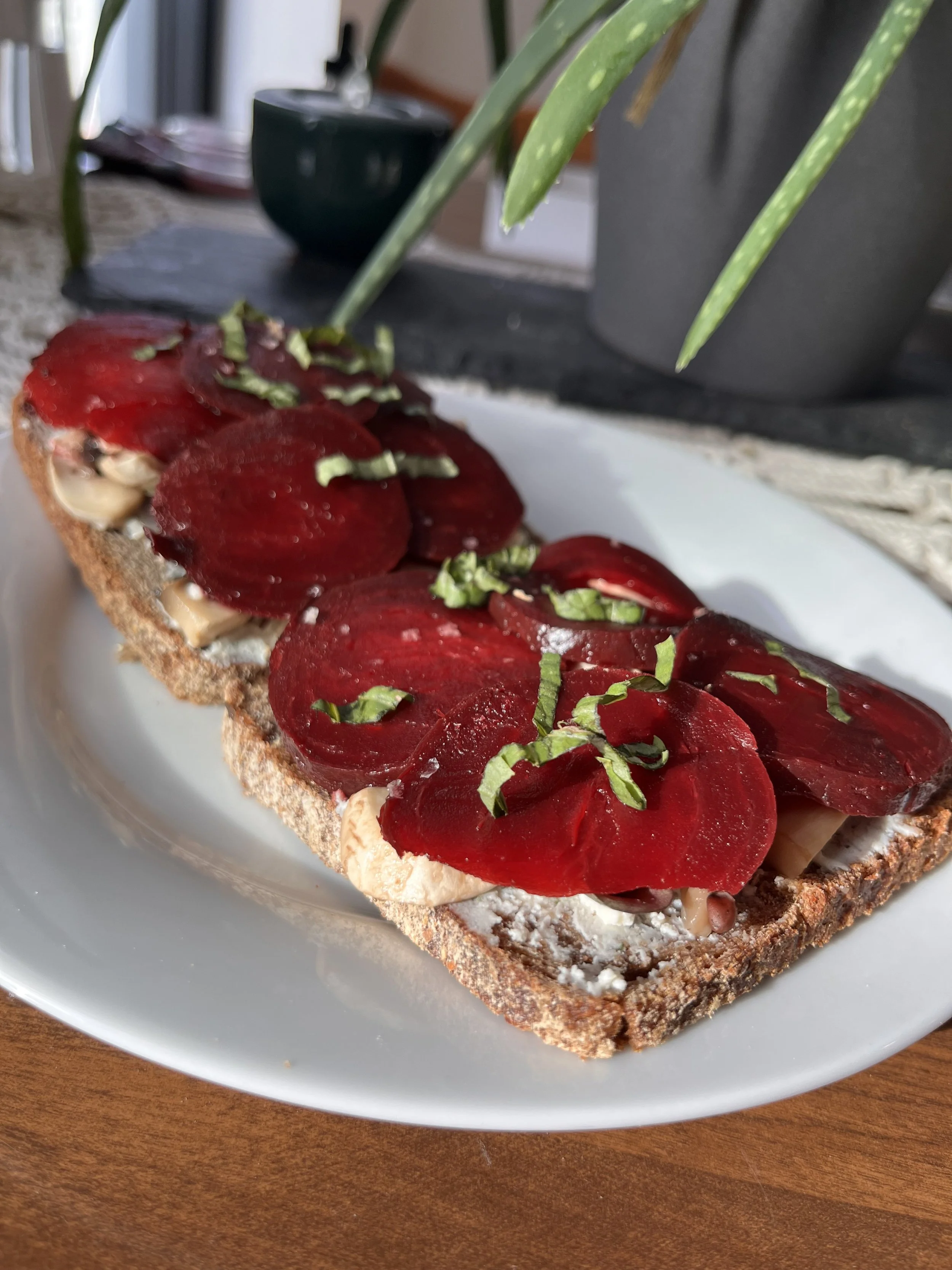 rye sourdough beets Boursin cheese mushrooms basil