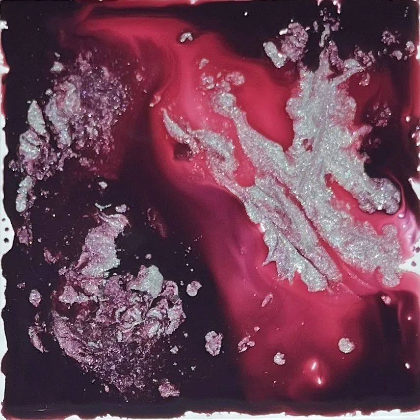 More pink play, muted pink, muted purple, silver, yupo paper, Melissa Träumerin Traumerin Seattle artist acrylic ink play