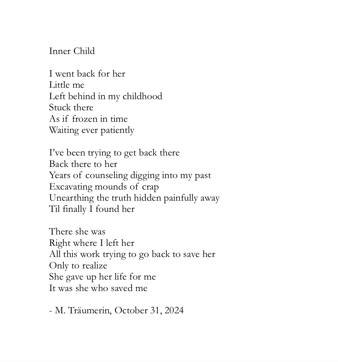 This is a poem about my inner child. I split myself off into my cabbage patch doll, BB, it was she who saved me