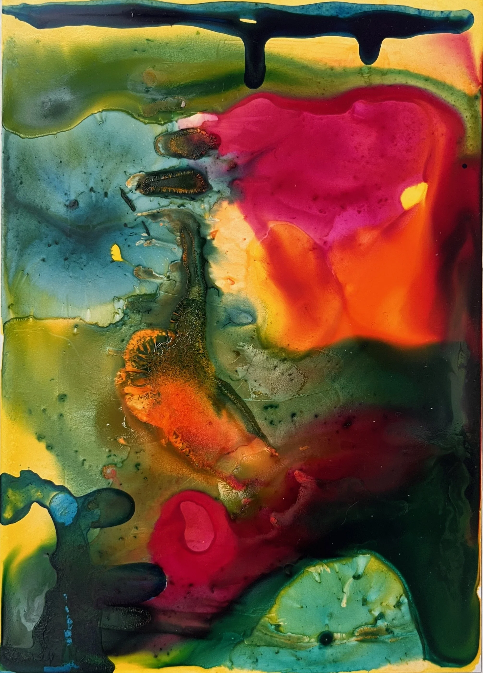 Color play on yupo paper, pink, orange, yellow, blue, green abstract acrylic ink painting Seattle artist Melissa Traumerin Träumerin