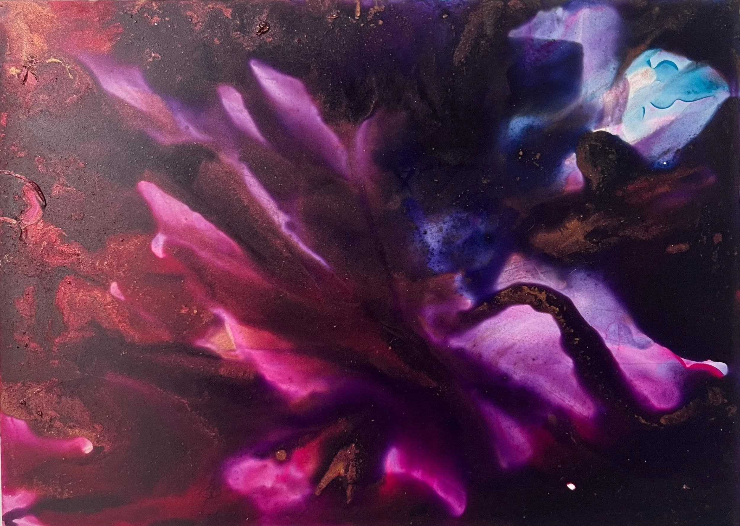 Razor blade pull on drying ink, colors underneath, abstract acrylic ink painting Seattle artist Melissa Traumerin Träumerin