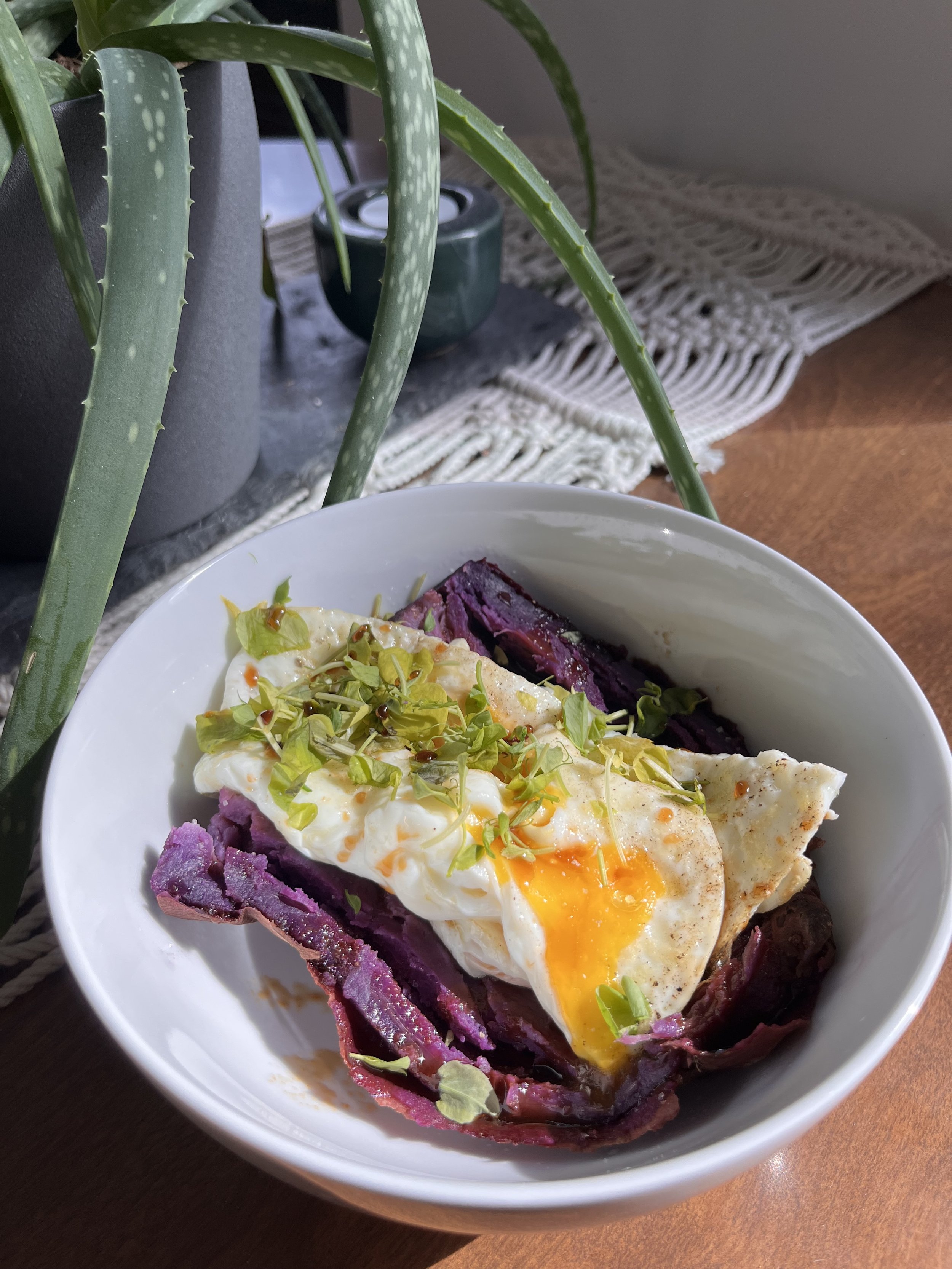 purple sweet potato egg pea shoots micro greens Japanese bbq sauce drizzle