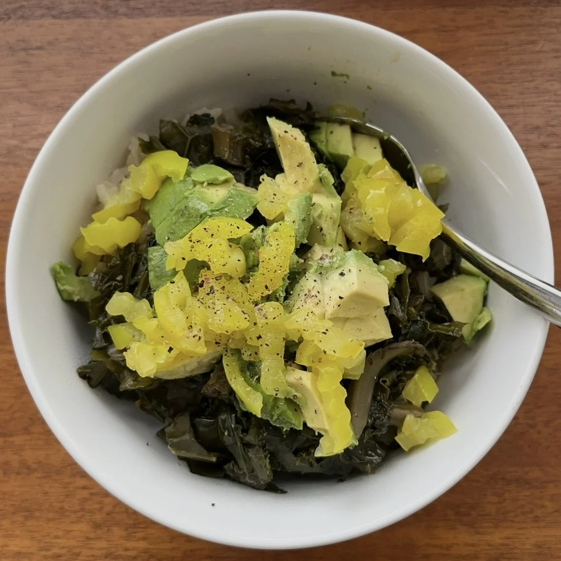 jasmine rice cooked greens maple syrup drizzle avocado banana peppers