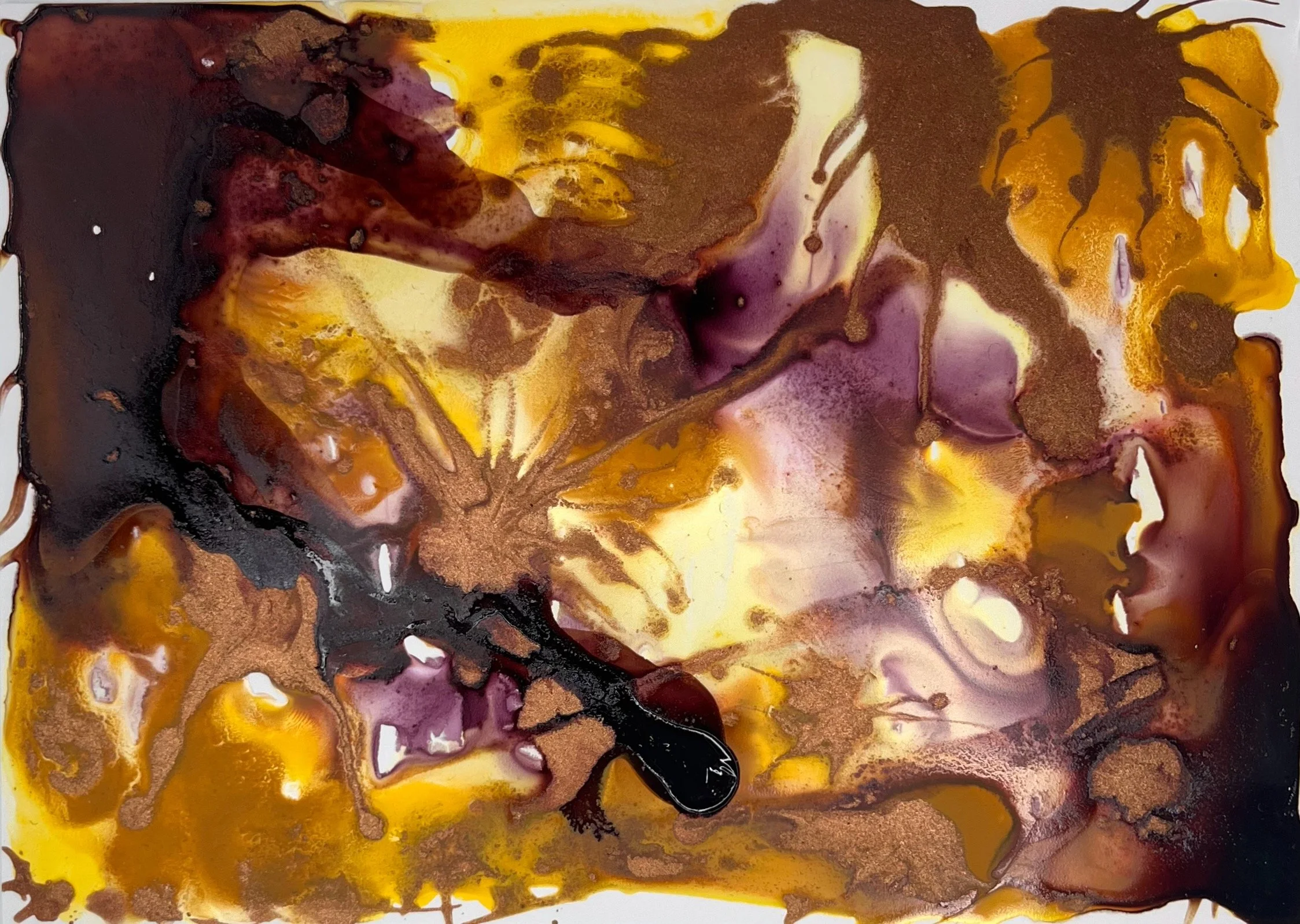 Purple, dark purple, yellow, bronze, gold, abstract acrylic ink painting Seattle artist Melissa Traumerin Träumerin