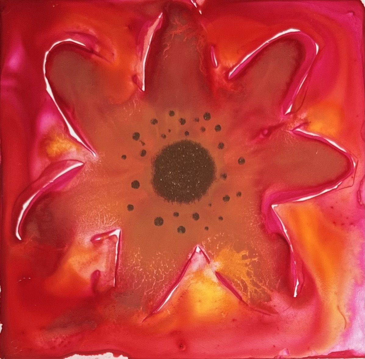 Flower, pink, orange, yellow, bronze center, yupo paper, Melissa Träumerin Traumerin Seattle Artist acrylic ink play