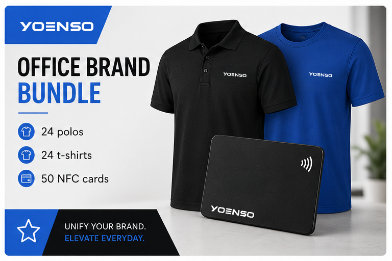 Advertisement for YOENSO office brand bundle, including one black polo, one blue t-shirt, 50 NFC cards, and wireless charging pad, with text highlighting 24 polos, 24 t-shirts, and 50 NFC cards.