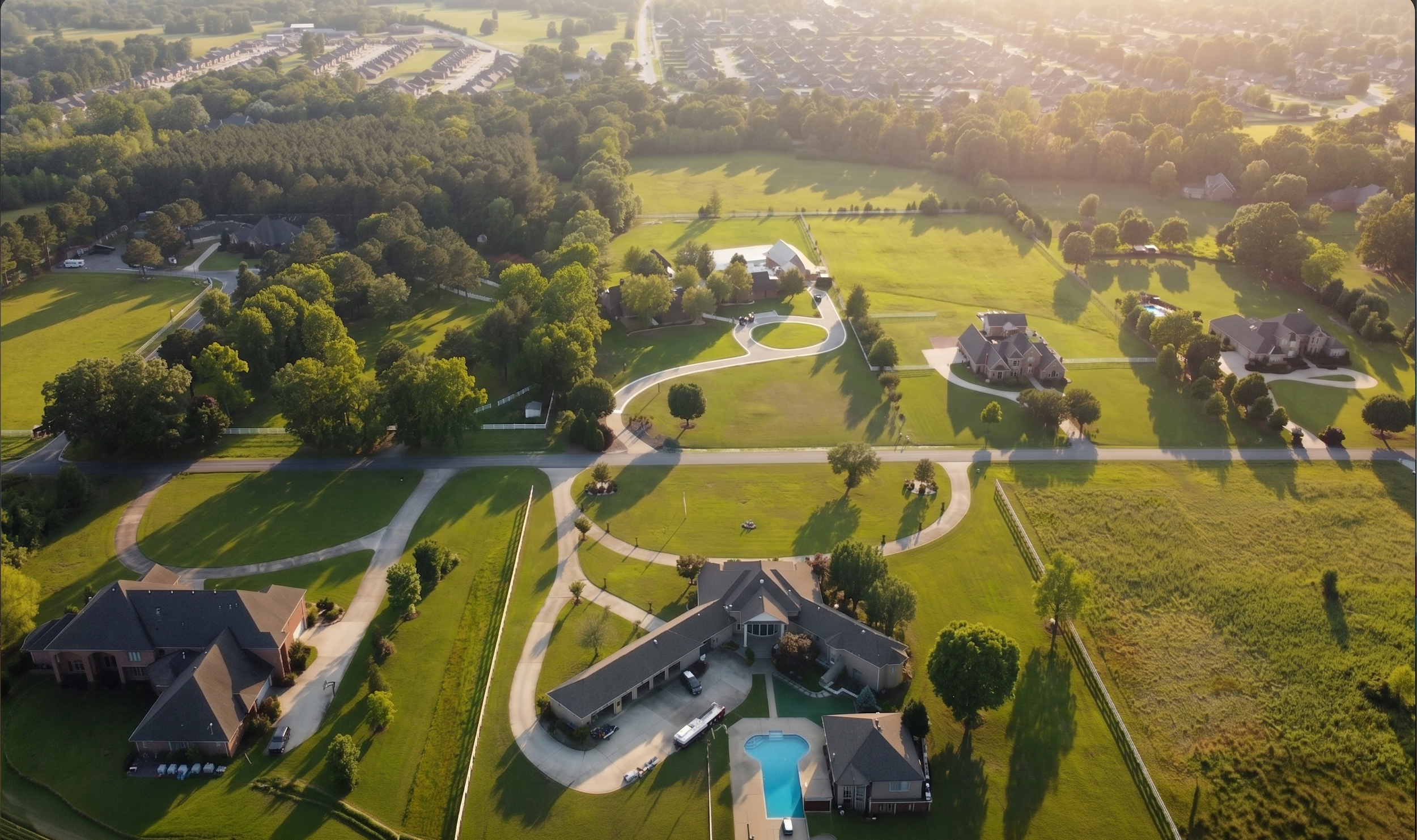 Aerial view of a suburban neighborhood with large houses, green lawns, trees, winding roads, and a corner house with a backyard swimming pool.