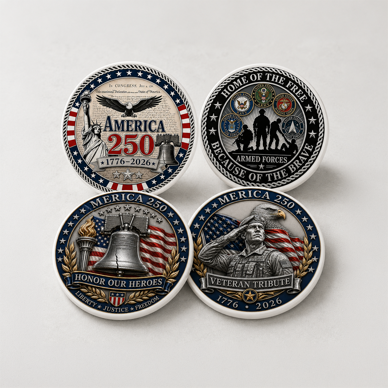 America 250 Patriotic Heroes Round Ceramic Coaster Set