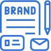Blue icon illustrating branding and communication tools including a document labeled 'BRAND,' a pen, a calculator, and an envelope.