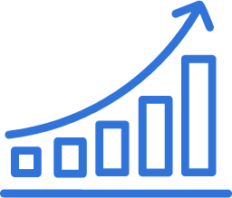A blue upward trending bar chart with a curved arrow indicating growth.