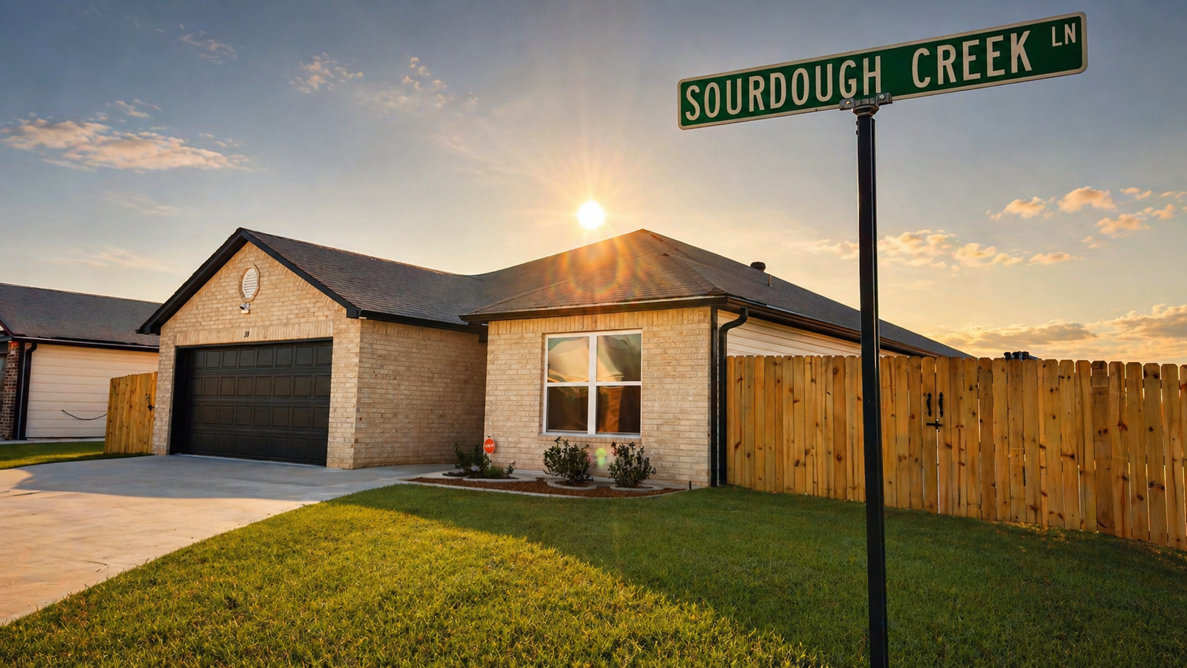 A residential house with a brick exterior, black garage door, and a small front yard with green grass and some plants. The house has a brown shingle roof, and a wooden fence surrounds the yard. A street sign with the text 'SOURDOUGH CREEK LN' is visible in the foreground. The sun is setting behind the house, casting a warm glow across the scene.