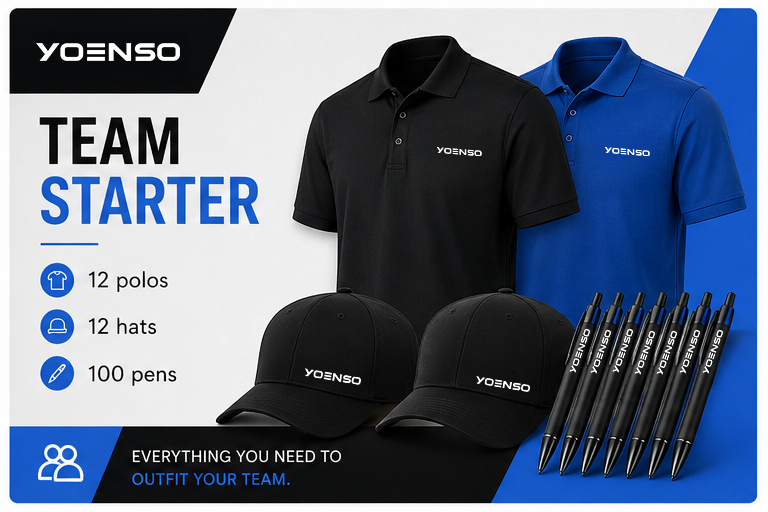 Promotion for Yoenso team starter apparel including two polo shirts, two caps, and ten pens, with text highlighting 12 polos, 12 hats, 100 pens, and encourages outfitting your team.