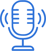 Icon of a blue microphone with sound waves.
