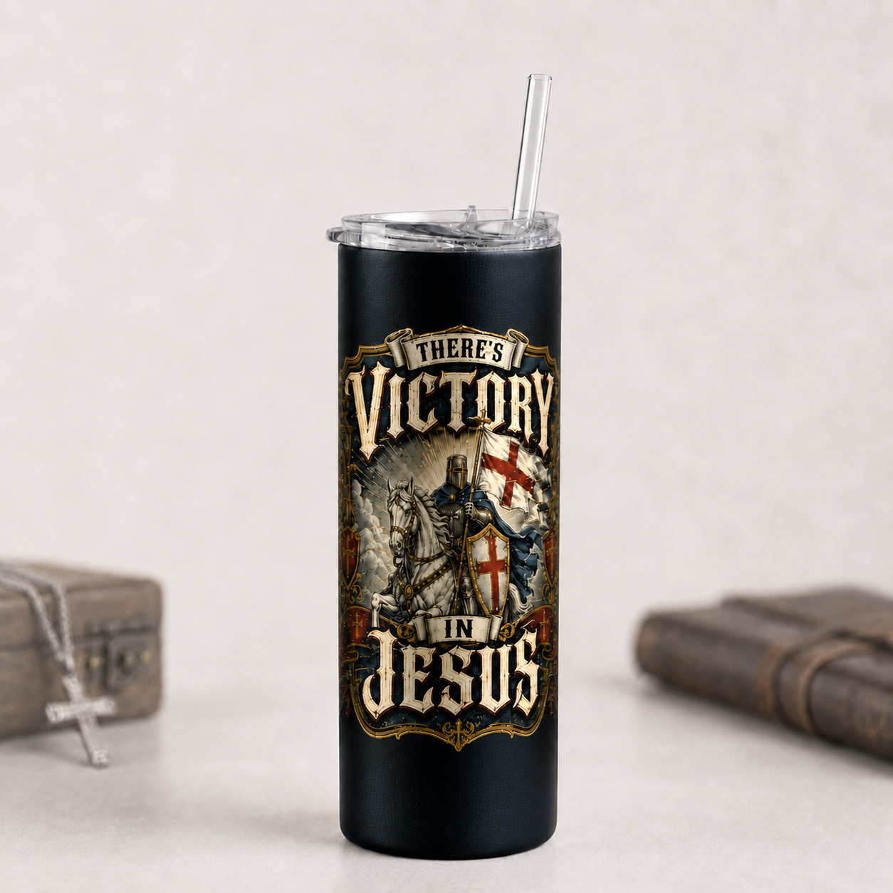 There’s Victory in Jesus 20 oz Stainless Steel Tumbler - Raised (3D) Features