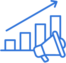 Blue line graph with ascending bars and a megaphone icon
