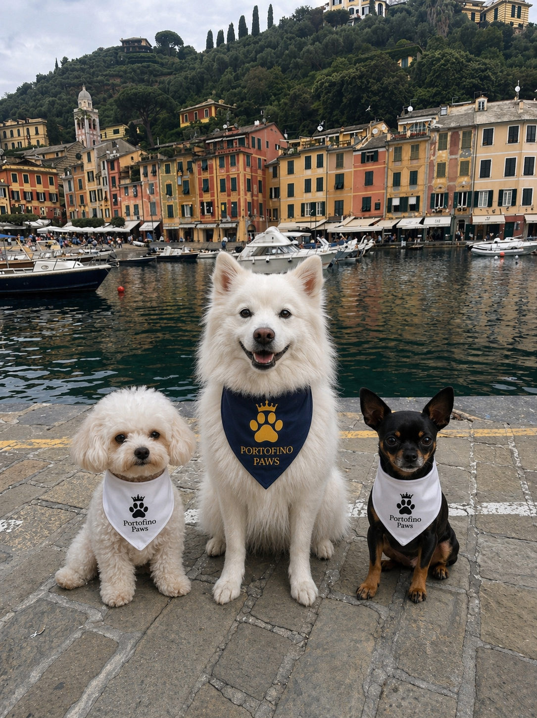 Three dogs sitting on a stone pathway by a marina with colorful buildings and boats in the background. The middle dog is a large white fluffy dog with a blue bandana reading 'Portofino Paws,' and the smaller dogs on each side are a cream-colored curly-haired dog and a small black and tan dog, both wearing white bandanas with the same logo.