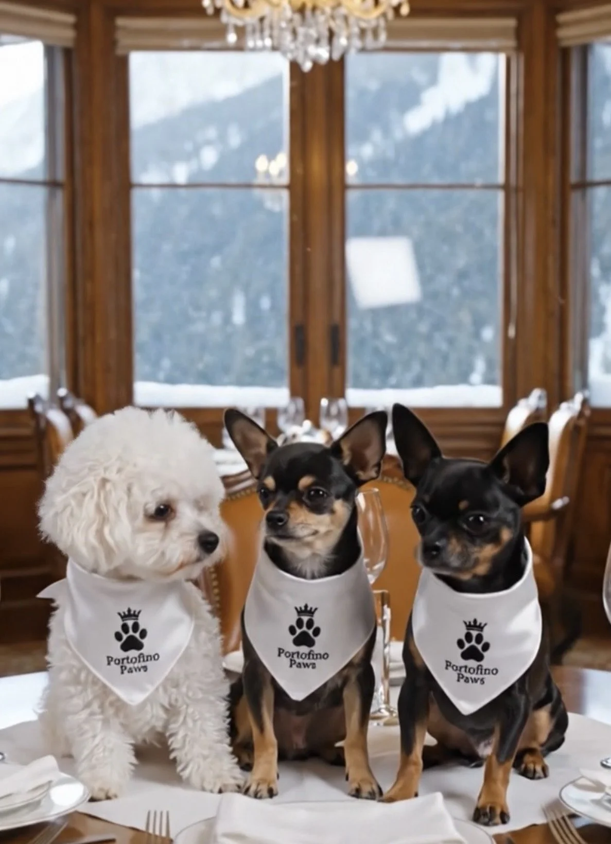 Three small dogs wearing matching white bandanas that say 'Portofino Paws' sitting at a dining table in a room with large windows showing a snowy outdoor scene and a chandelier hanging from the ceiling.