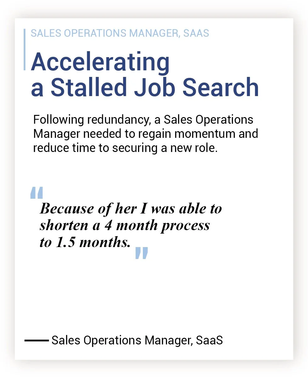 A digital document titled 'Accelerating a Stalled Job Search' discussing sales operations management and including a testimonial quote about shortening a job search process.