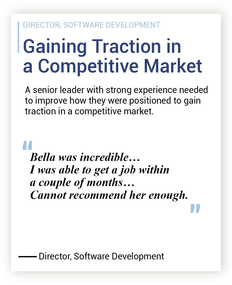 A brochure or presentation slide titled 'Gaining Traction in a Competitive Market' with a quote about Bella and a brief description of a senior leader's experience in the software development industry.