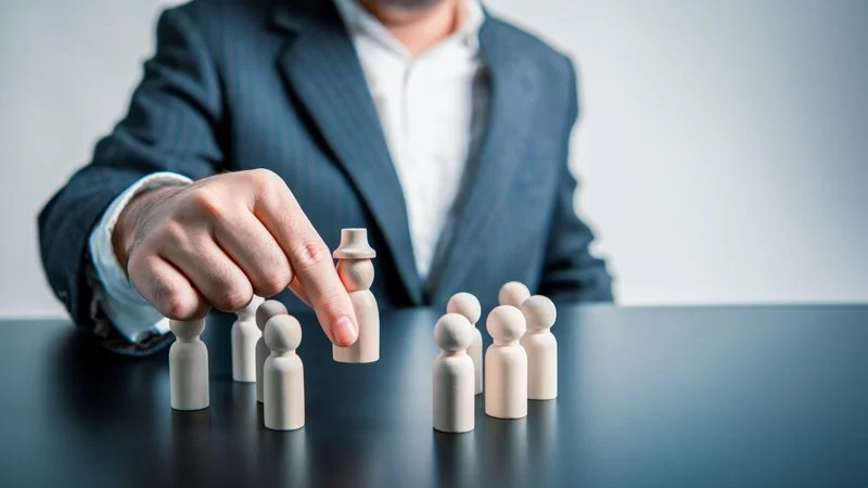 A person in a business suit moves a wooden chess piece across a black table, surrounded by other wooden game pieces.