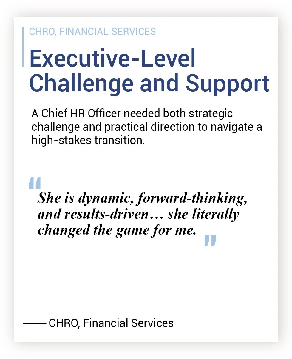 A promotional or informational sheet about an executive-level challenge and support in HR, featuring a quote praising a female HR executive for her strategic, forward-thinking, and results-driven leadership.