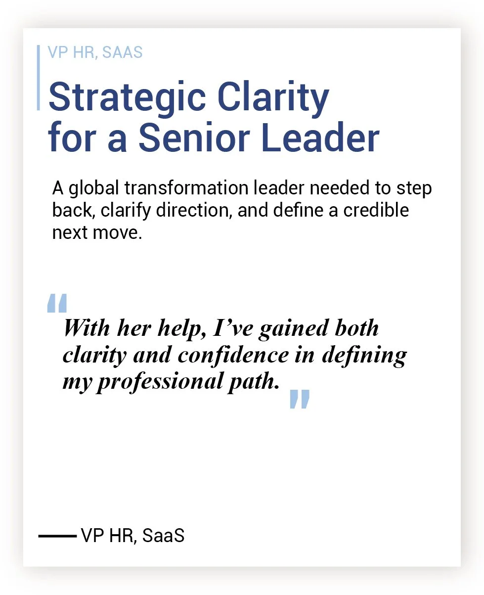 A page from a presentation or report titled 'Strategic Clarity for a Senior Leader' by VP HR, SaaS. The page includes a quote about gaining clarity and confidence with help, and mentions the importance of stepping back, clarifying direction, and defining the next move.