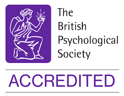 The logo of The British Psychological Society, featuring a classical figure holding a lamp, with text indicating accreditation.
