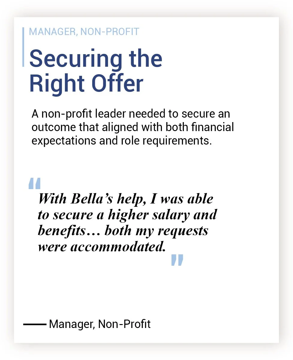 A digital quote card with the title 'Securing the Right Offer' in bold blue text, a quote from a non-profit manager about securing higher salary and benefits, and a light blue quote icon. The subtitle includes 'MANAGER, NON-PROFIT' in light blue, and the quote is in black italicized text, with a small black horizontal line and the attribution at the bottom.