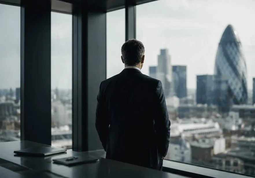 Man in a suit looking out the window at city skyline with tall buildings.
