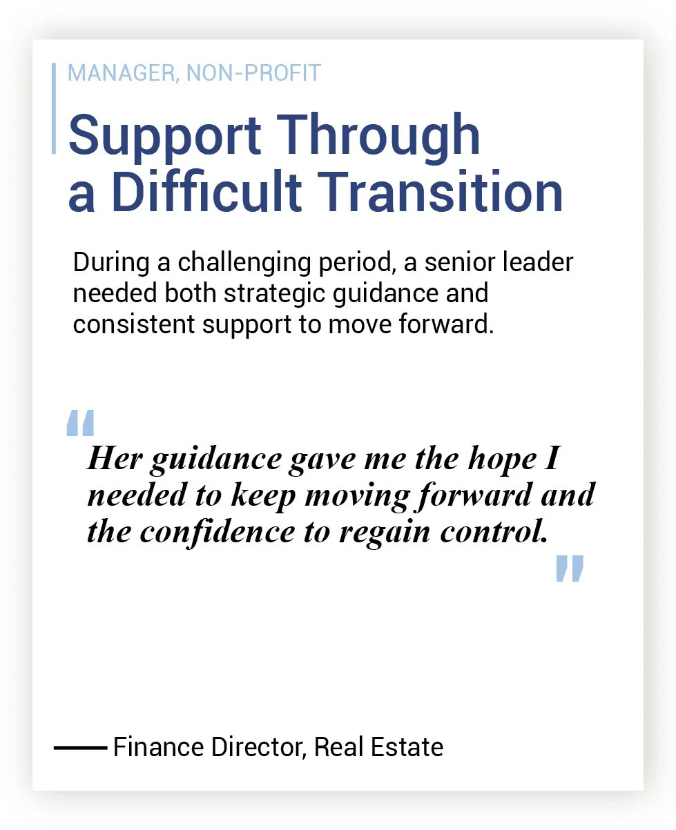 A motivational quote card titled 'Support Through a Difficult Transition' by a finance director in real estate. The card emphasizes strategic guidance and support during challenging periods, with a quote about hope and confidence.